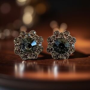Gray green crystal stud earrings surrounded by rhinestone halo; .63" round; nwot